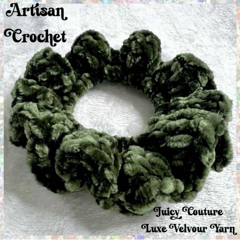 Handmade Crochet VELVET Hunter Green Large Hair Scrunchie PinkRainCloud - Picture 3 of 9